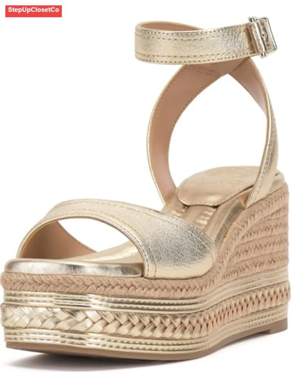 Espadrille Wedge Sandals, Leather, Open Toe, Ankle Strap, Buckle Closure,